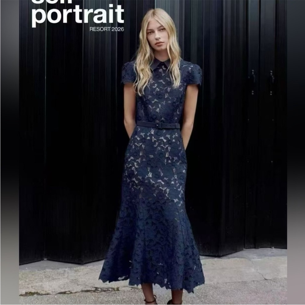 SELF-PORTRAIT Belted guipure lace midi dress in navy blue
